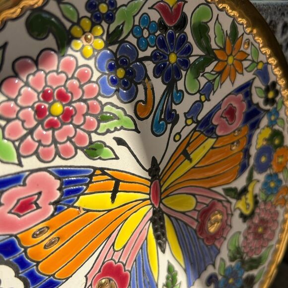 CEARCO PINTADO A MANO 24K ENAMEL POTTERY BUTTERFLY Wall Hanging Plate 8.5" - Picture 9 of 16